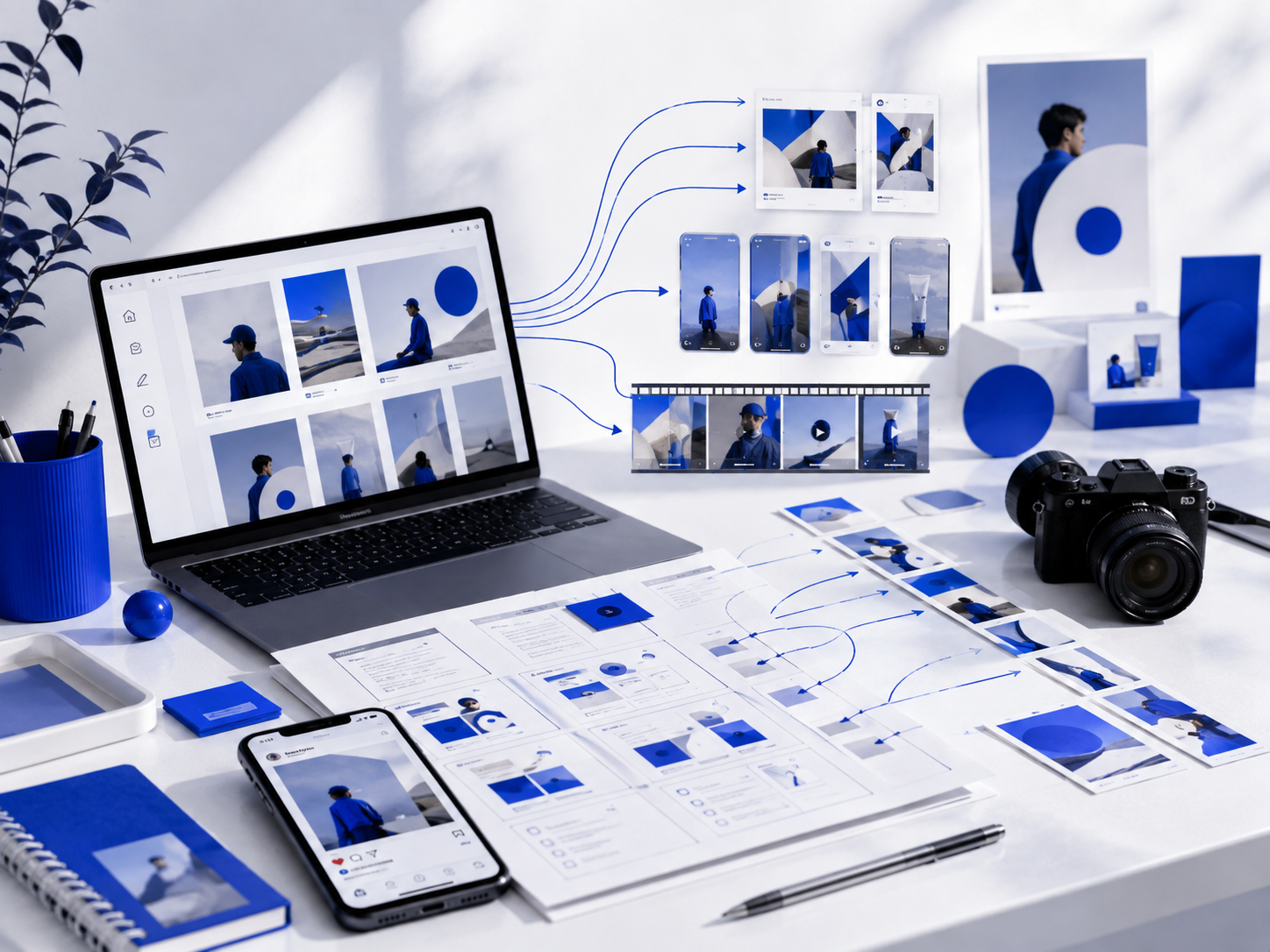 Creatieve contentworkflow die meerdere contentmomenten uit één project verbeeldt