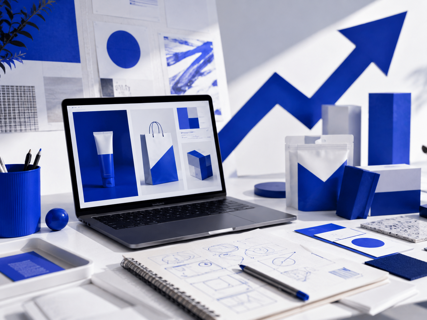 Moderne ontwerpstudio in blauw-witte ZEJO-stijl